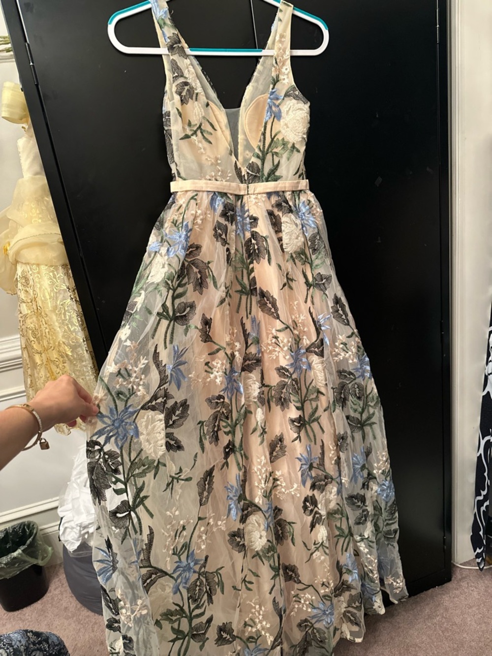 Floral Embroidered V-Neck Maxi Dress in Beige and Blue